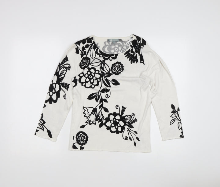 Tri Moda Women's White Floral Pullover Jumper M