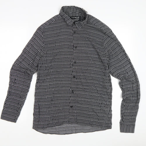 Topman Men's Black Geometric Long Sleeve Shirt Size S