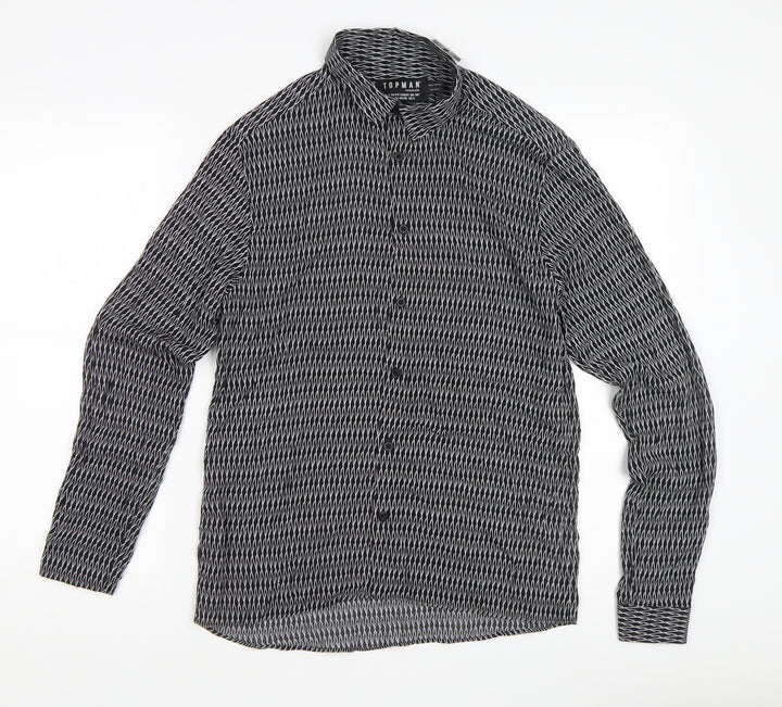Topman Men's Black Geometric Long Sleeve Shirt Size S