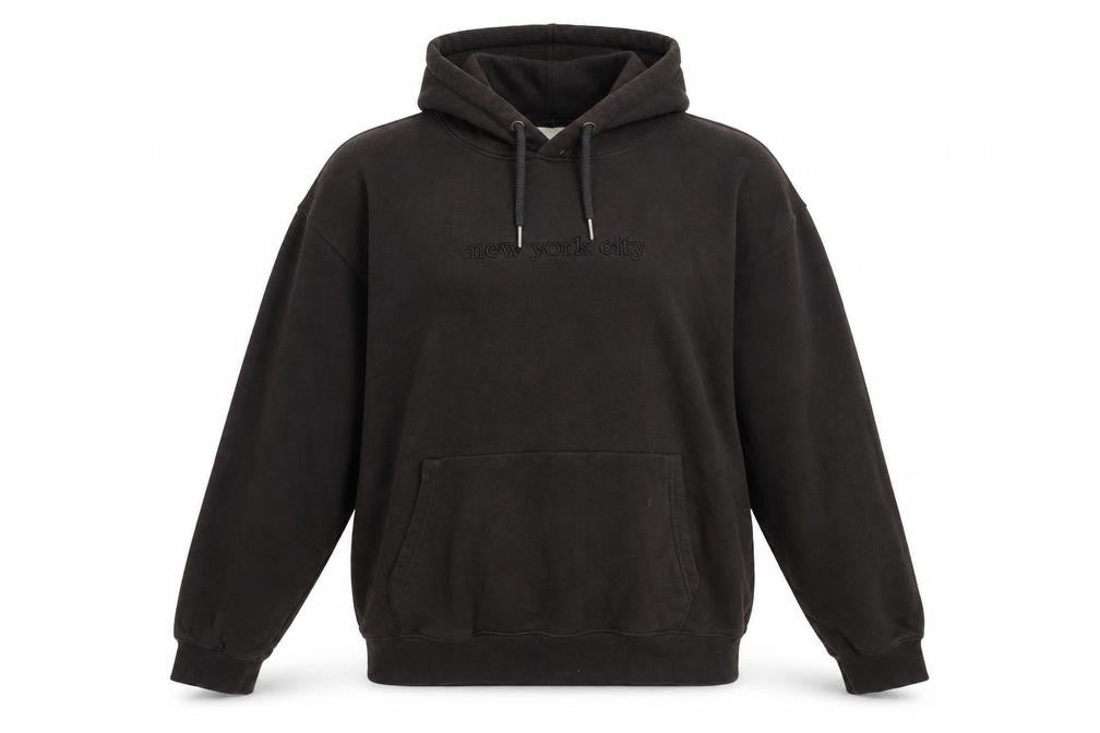Front view of H&M Black unisex pullover hoodie, size M, all seasons
