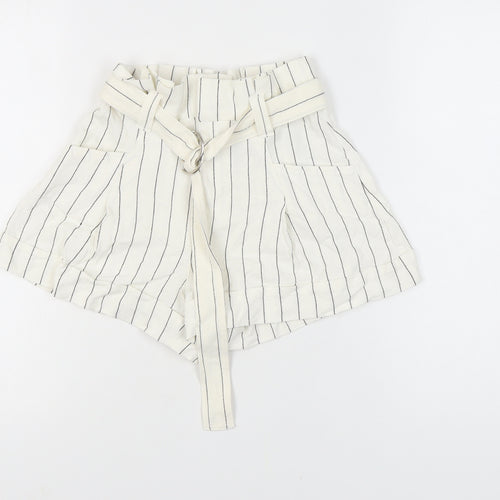 Bershka Women's White Striped Paperbag Shorts - Size 8