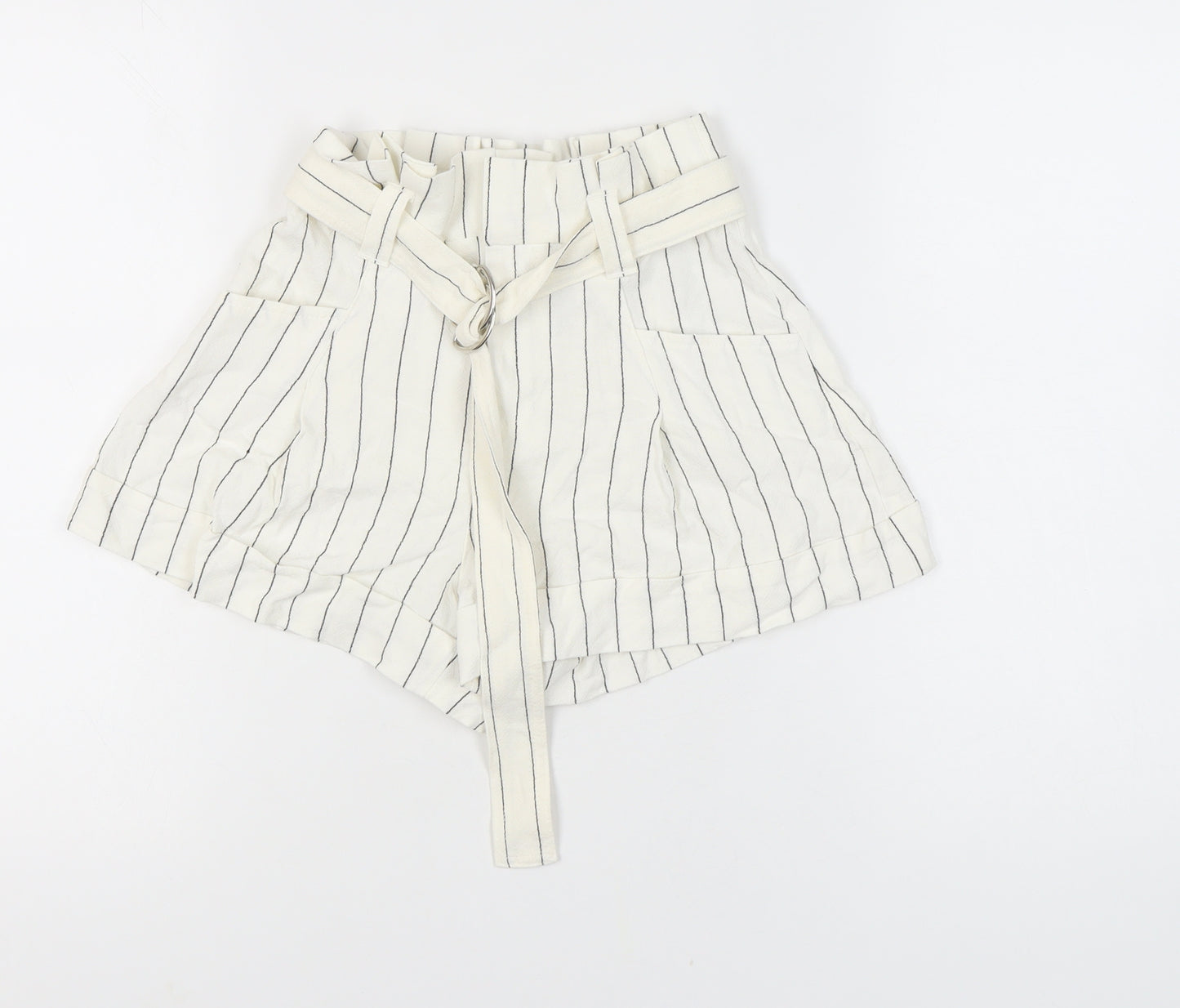 Bershka Women's White Striped Paperbag Shorts - Size 8