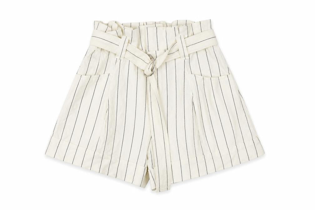 Front view of Bershka Women's White Striped Paperbag Shorts -, size 8