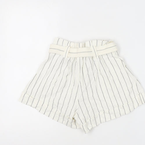 Bershka Women's White Striped Paperbag Shorts - Size 8