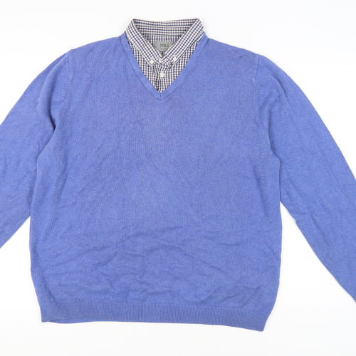 Marks and Spencer Men's Blue Cotton V-Neck Sweater XL