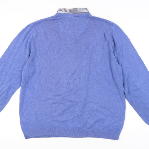 Marks and Spencer Men's Blue Cotton V-Neck Sweater XL