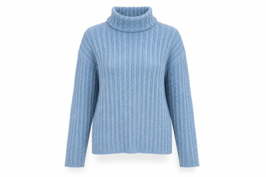 Front view of Ramie Cotton Collection Women's Blue Cable-Knit Pullover