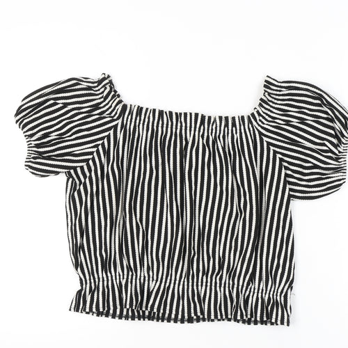 H&M Women's Black Striped Puff Sleeve Cropped Blouse