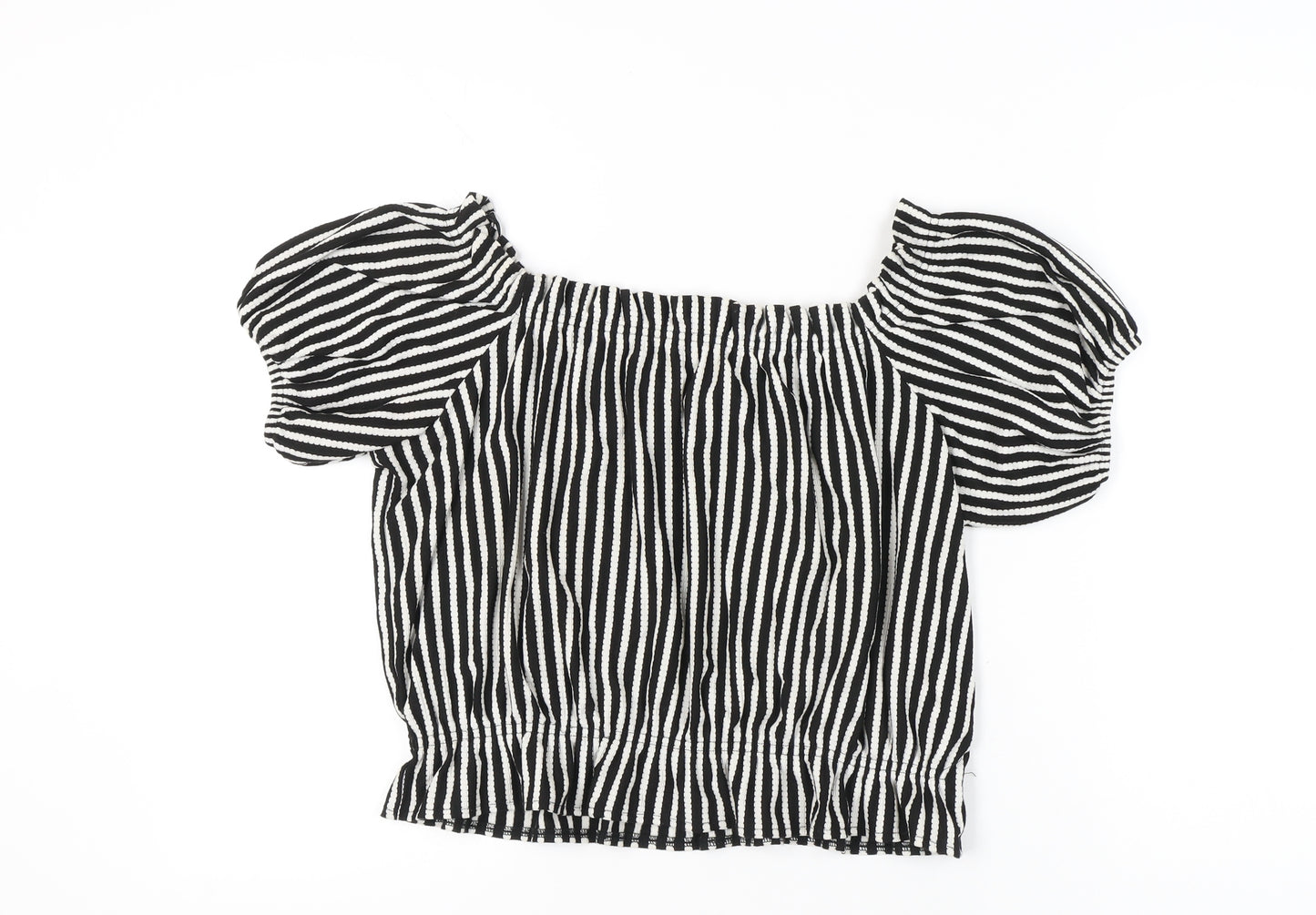 H&M Women's Black Striped Puff Sleeve Cropped Blouse
