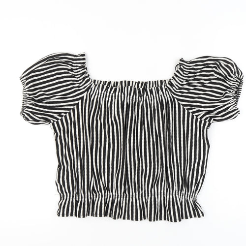 H&M Women's Black Striped Puff Sleeve Cropped Blouse
