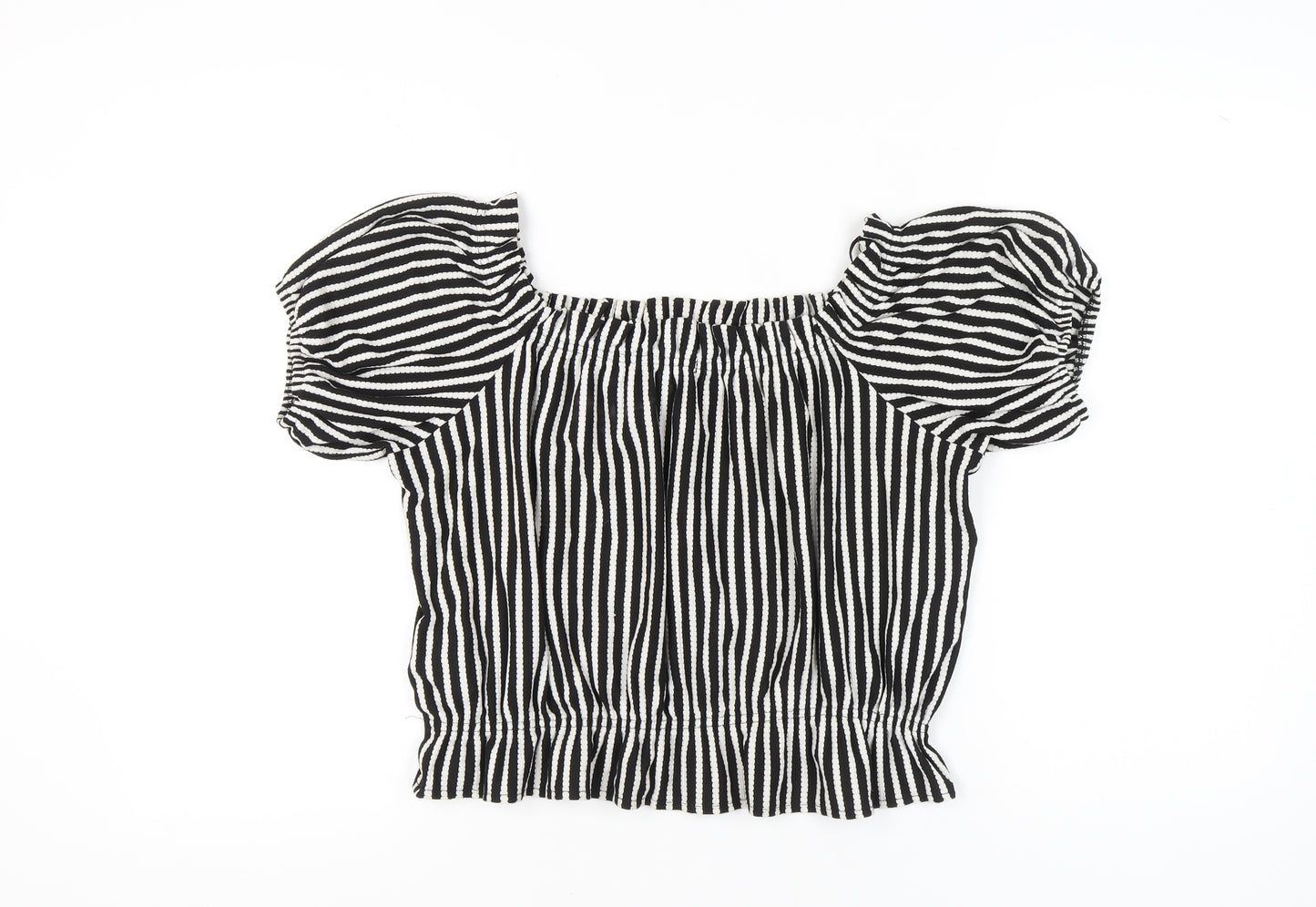 H&M Women's Black Striped Puff Sleeve Cropped Blouse