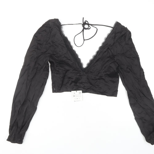 Zara Women's Black Cropped Blouse Size 12 Halter Lace