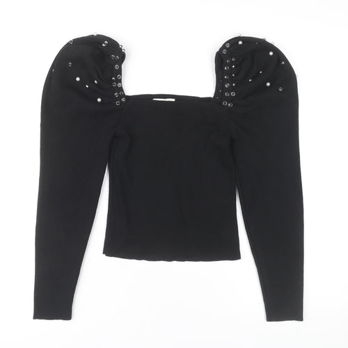 Mochy Women's Black Puff Sleeve Studded Top, One Size