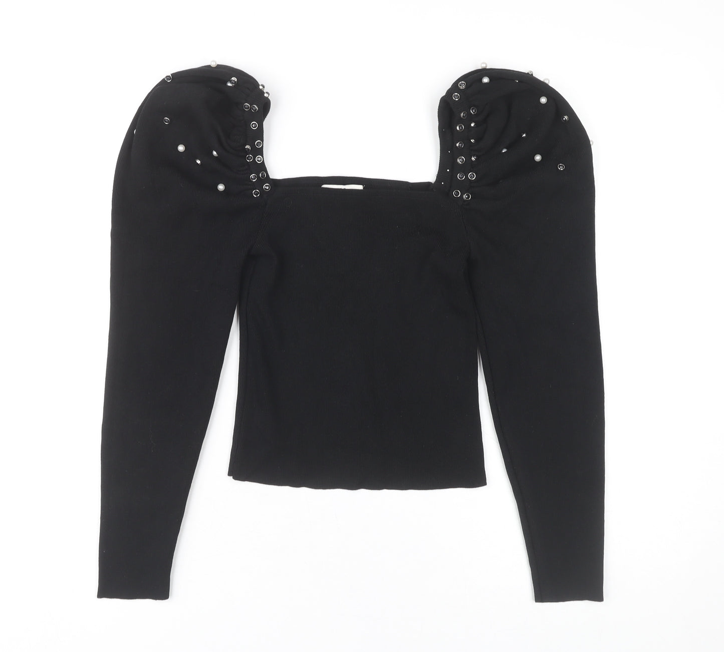 Mochy Women's Black Puff Sleeve Studded Top, One Size