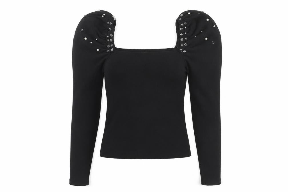 Front view of Mochy Women's Black Puff Sleeve Studded Top, One Size