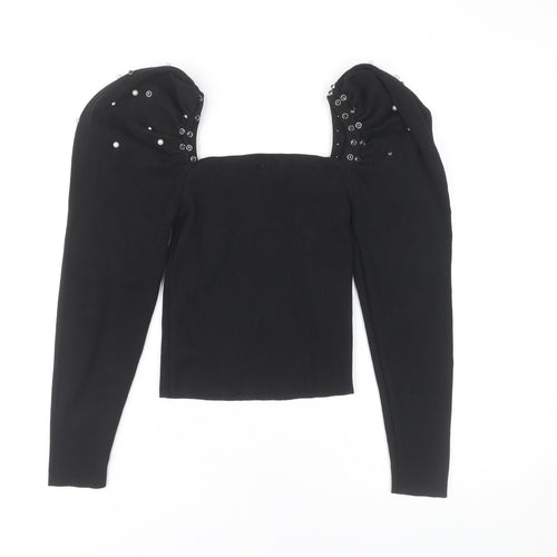 Mochy Women's Black Puff Sleeve Studded Top, One Size