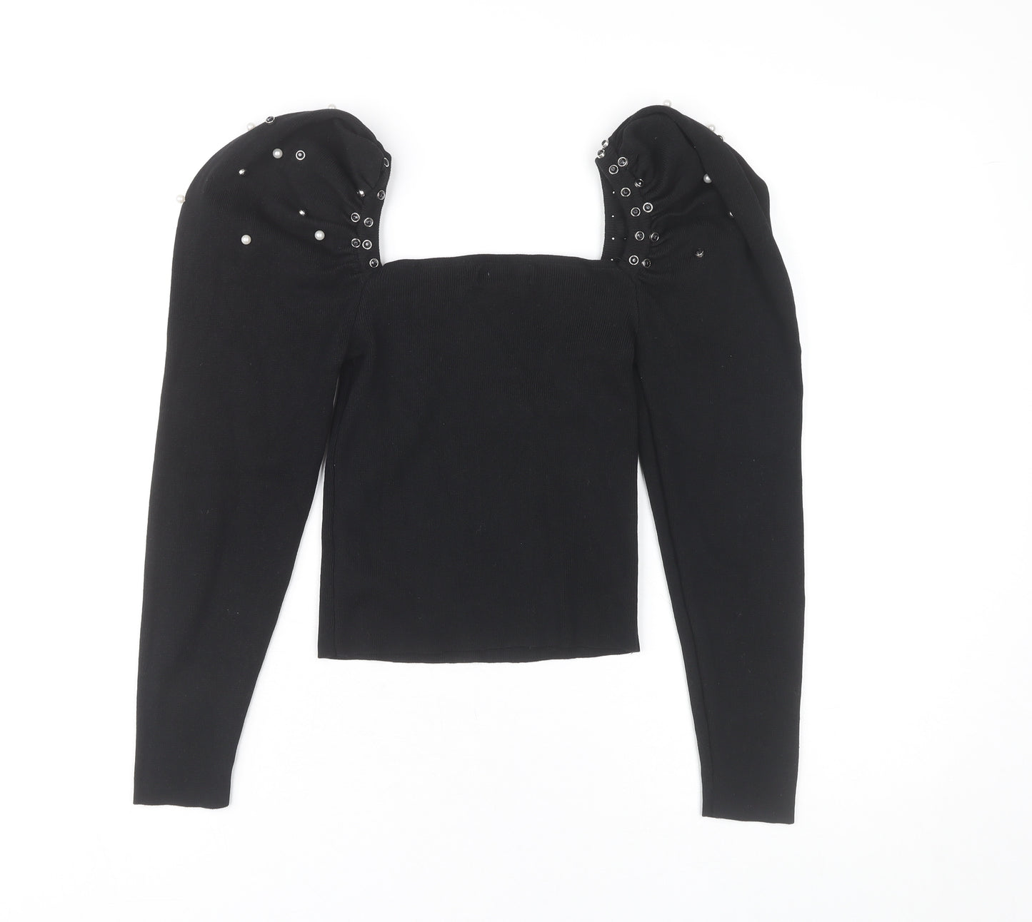 Mochy Women's Black Puff Sleeve Studded Top, One Size