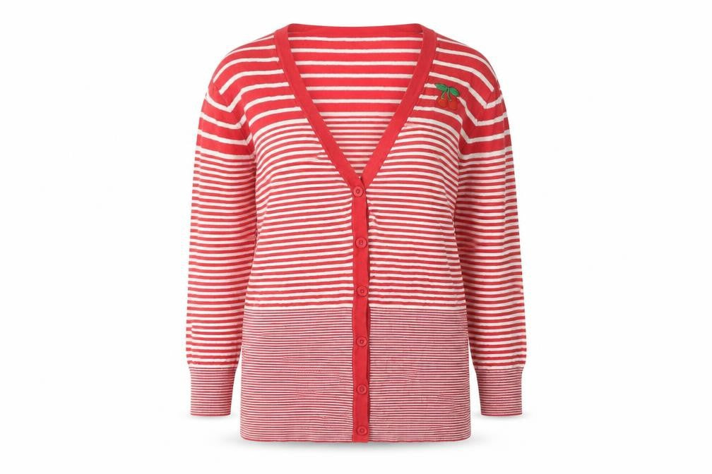 Front view of Next Women Red Striped Maternity Cardigan, size 16