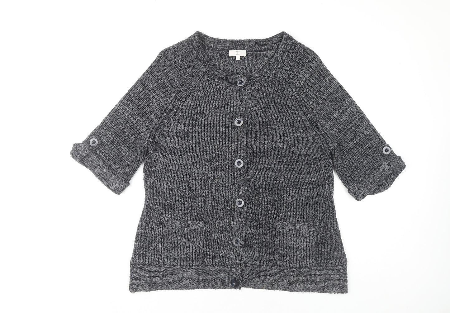 CC Women's Grey 3/4 Sleeve Cardigan, Size L, Casual Chunky-Knit
