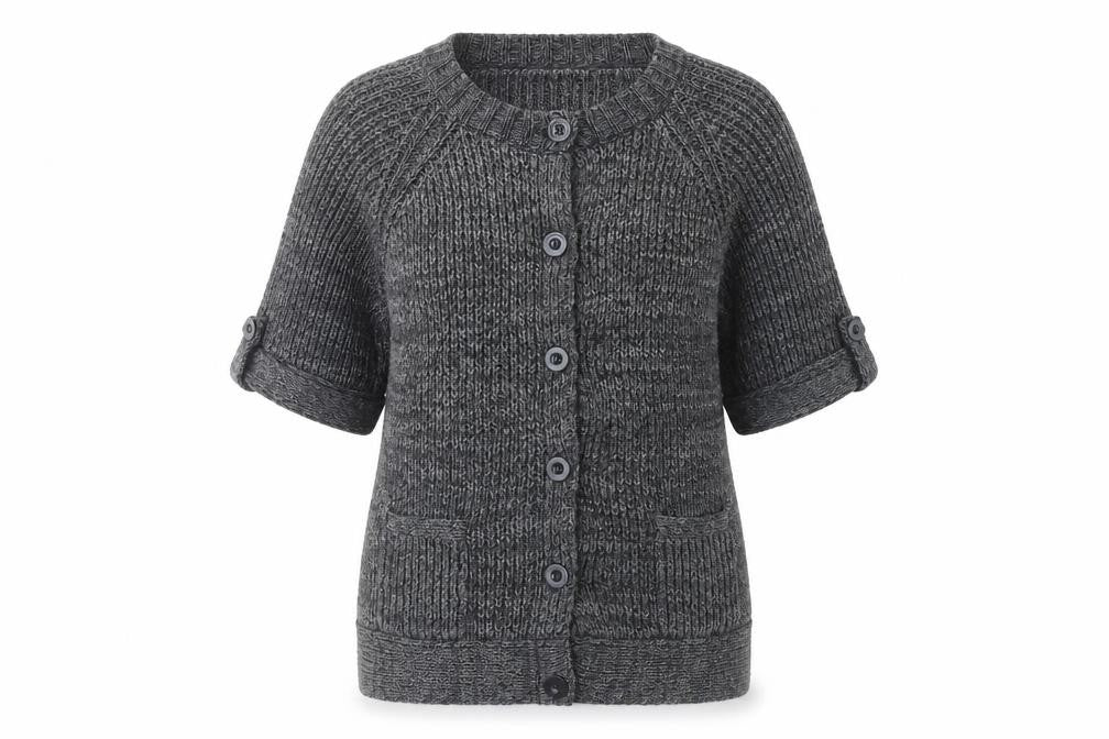 CC Women's Grey 3/4 Sleeve Cardigan, Size L, Casual Chunky-Knit