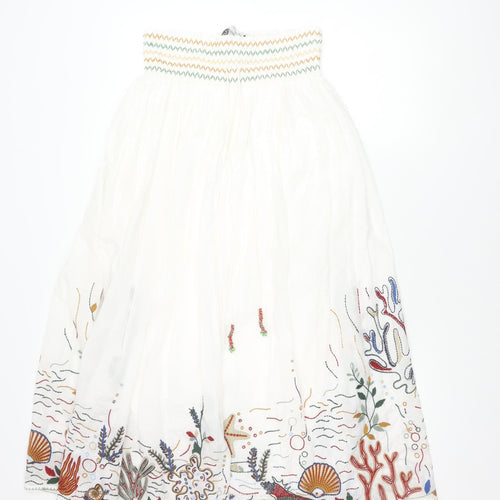 Zara Women White A-Line Dress, Size 12, Summer Embroidered