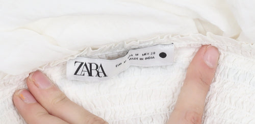 Zara Women White A-Line Dress, Size 12, Summer Embroidered