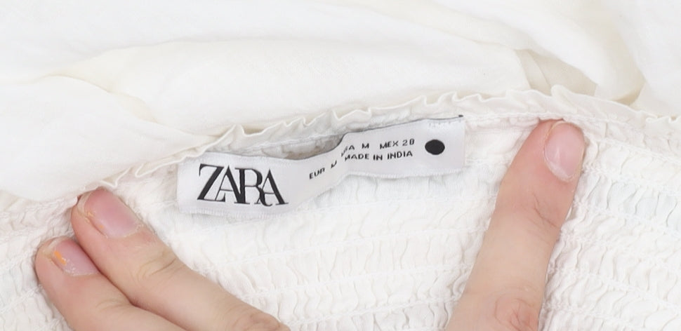Zara Women White A-Line Dress, Size 12, Summer Embroidered