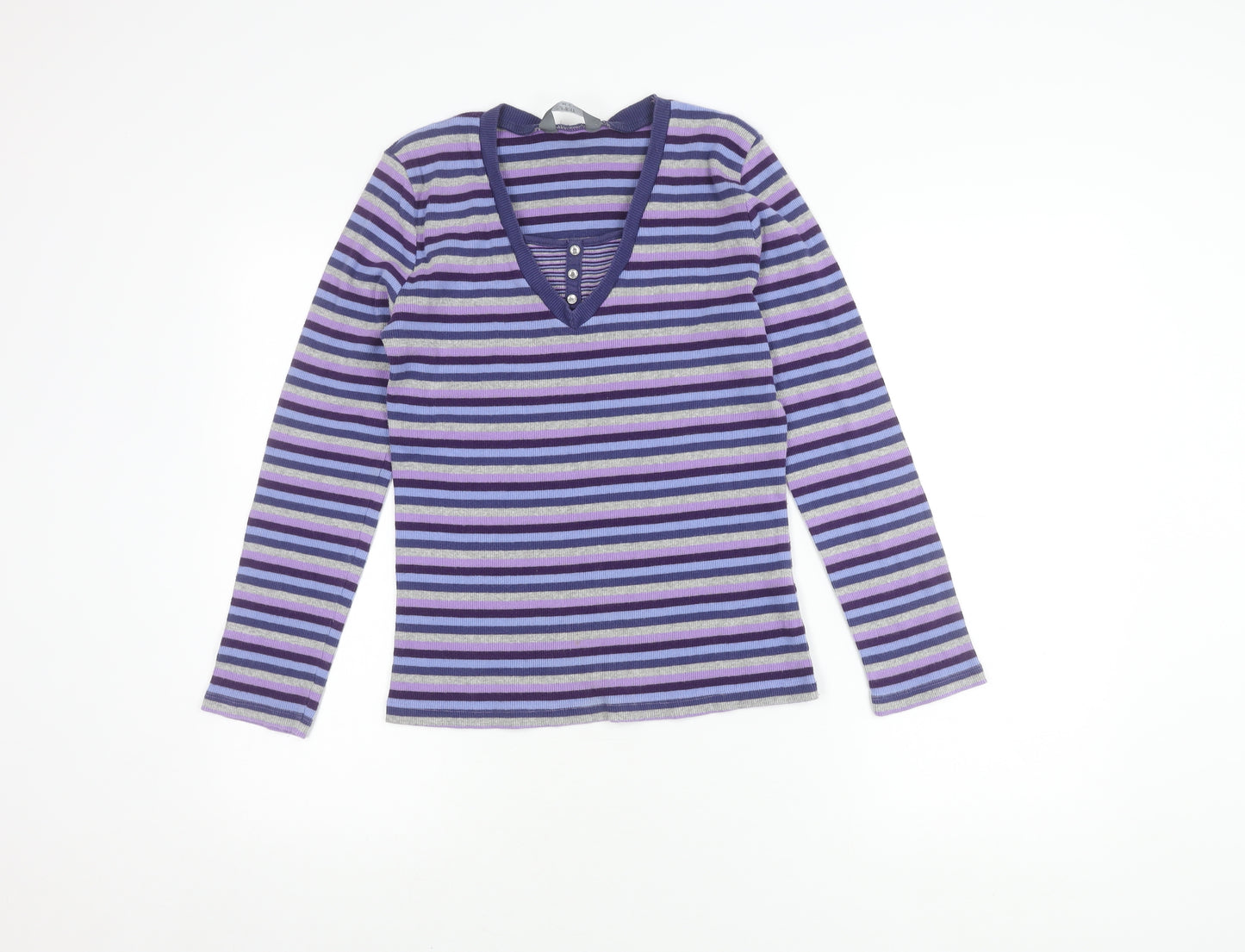 M&Co Women's Multicoloured Striped V-Neck T-Shirt L