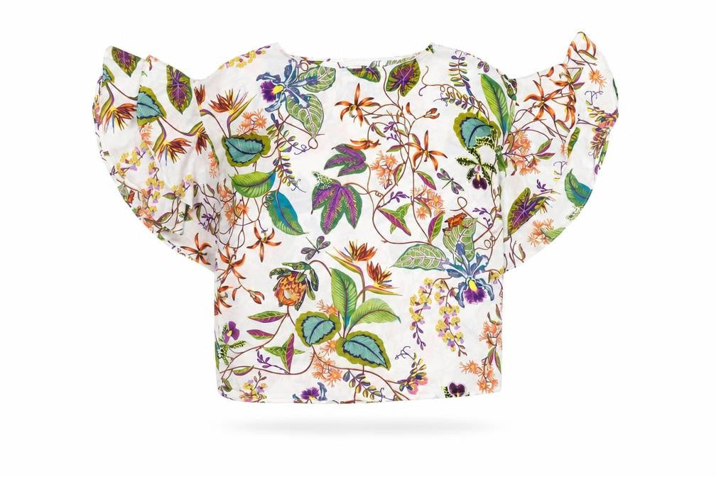 Front view of H&M Women's Multicoloured Cropped Flutter Sleeve Top