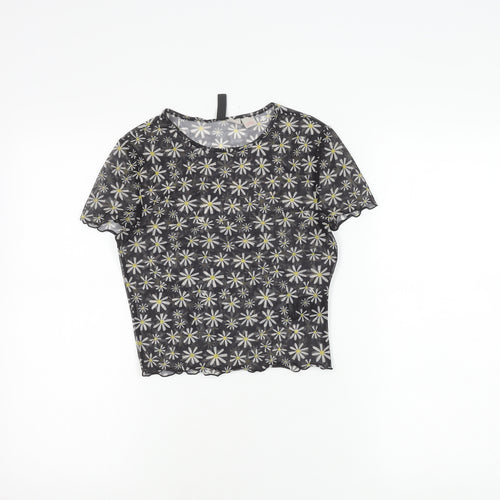 H&M Women’s Black Daisy Print Mesh Cropped T-Shirt