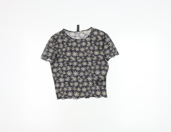 H&M Women’s Black Daisy Print Mesh Cropped T-Shirt