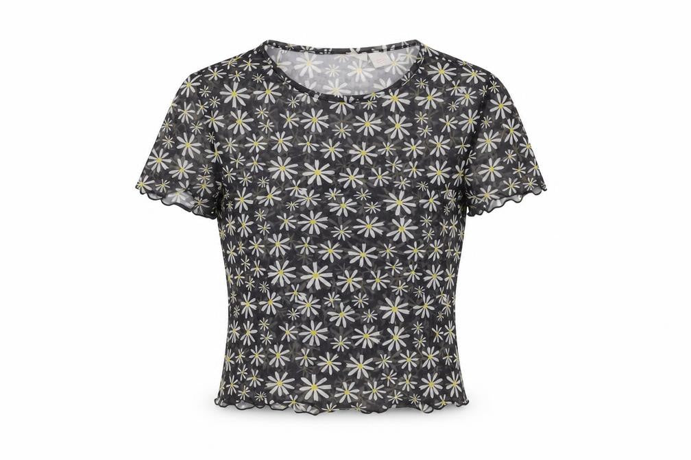 H&M Women’s Black Daisy Print Mesh Cropped T-Shirt