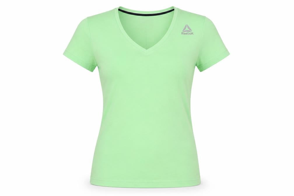 Front view of Reebok Women's Green V-Neck T-Shirt S - Gym Essentials