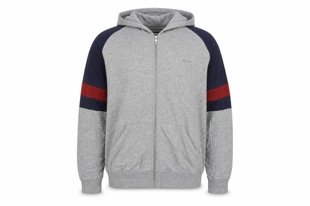Front view of Brixton Men's Grey Full Zip Hoodie M