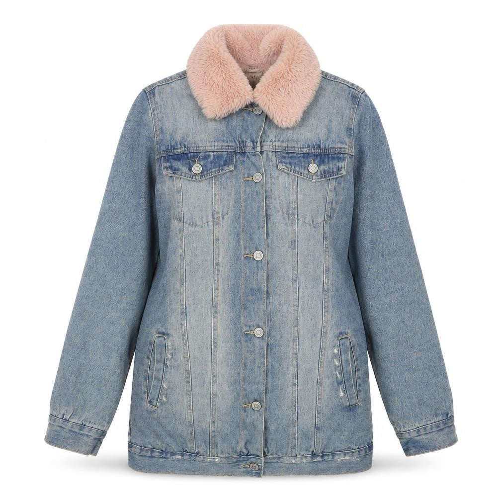 Denim Co. Women's Blue Faux Fur Collar Denim Jacket Size 8