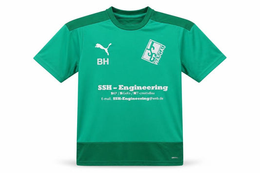 Front view of Puma boys’ green football jersey t-shirt xl