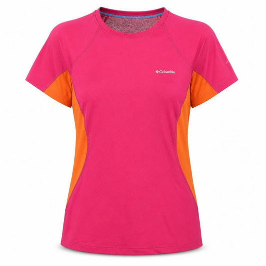 Front view of Columbia Women's Pink/Orange Short Sleeve Top, size S