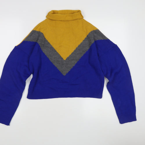PRETTYLITTLETHING Women's Blue Yellow Mock Neck Jumper