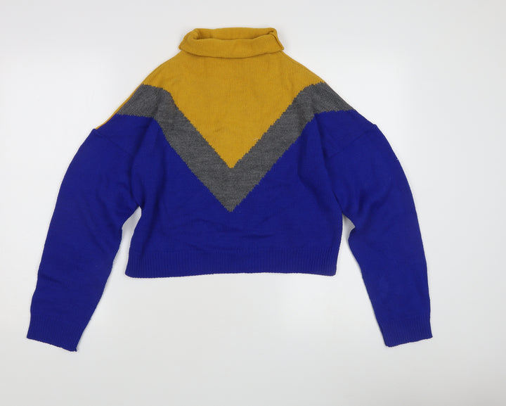 PRETTYLITTLETHING Women's Blue Yellow Mock Neck Jumper
