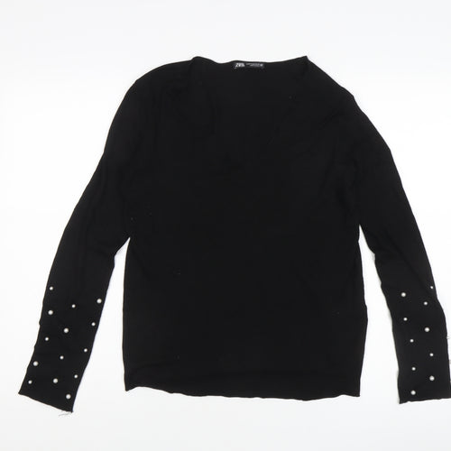 Zara Women's Black V-Neck Cotton Pullover Jumper Size 10