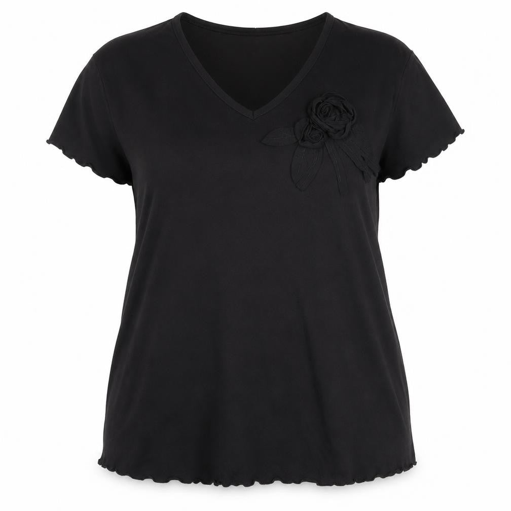 Front view of Poppy Women's Black V-Neck T-Shirt, size 18