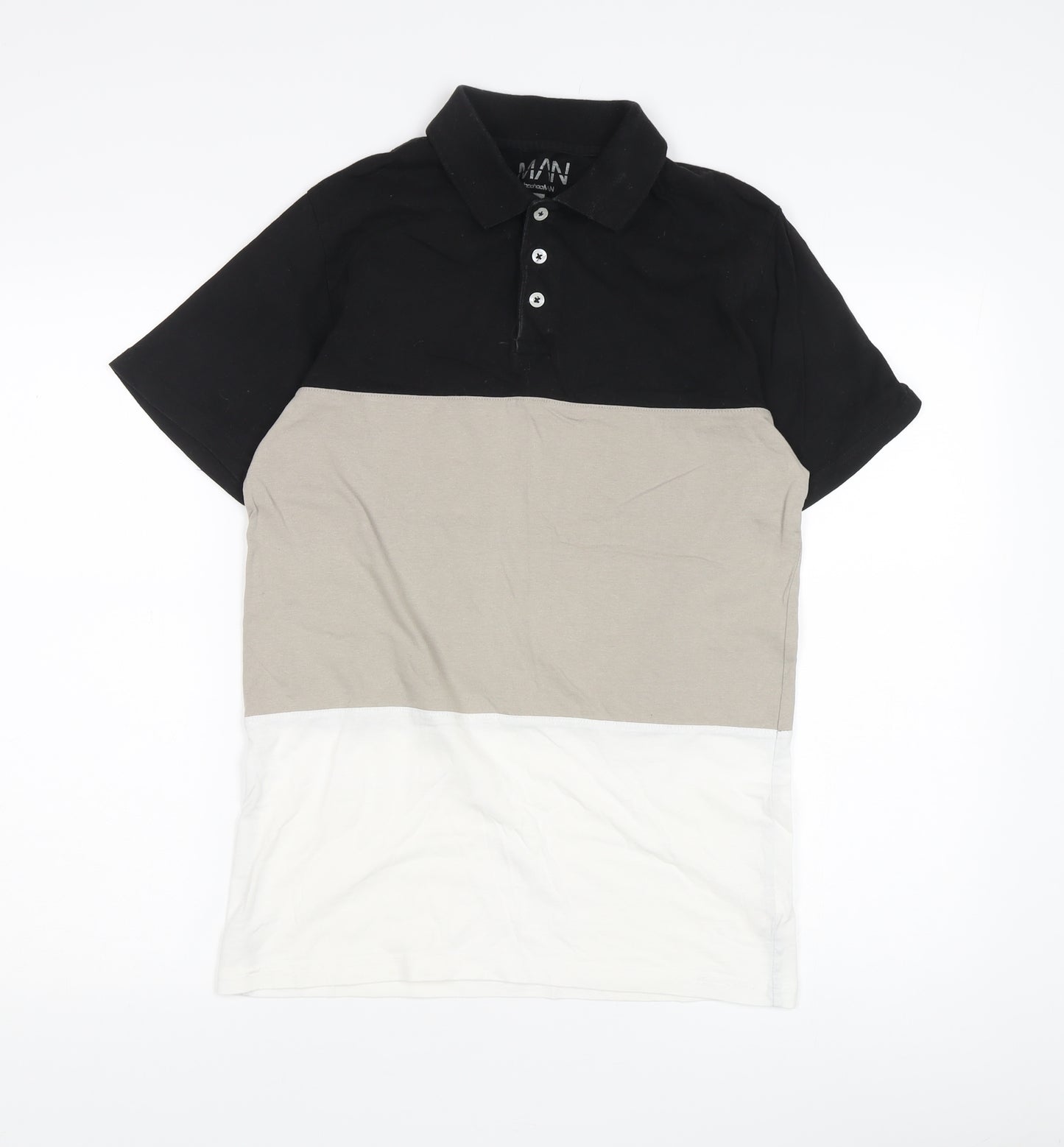 boohooMAN Men's Colourblock Polo, Small, Black/Beige