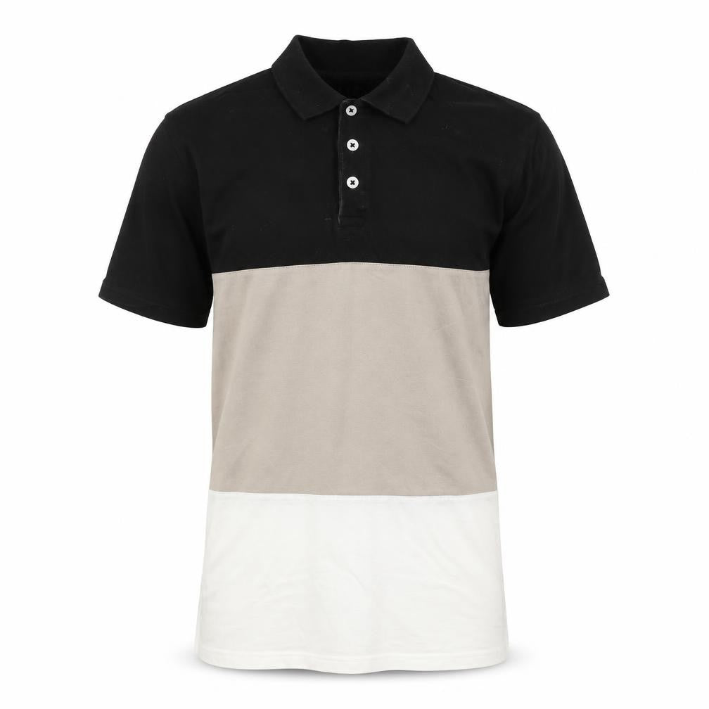 Front view of boohooMAN Men's Colourblock Polo, Small, Black/Beige
