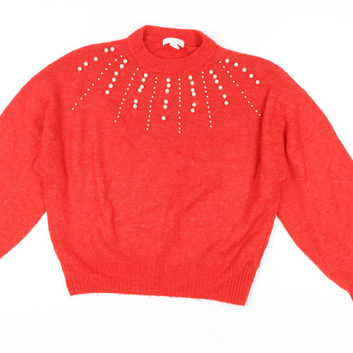 H&M Women's Red Mock Neck Beaded Jumper Size S