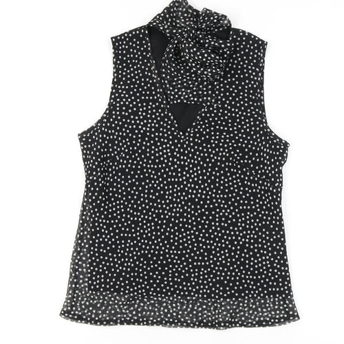 New Look Women's Black Polka Dot Bow Neck Sleeveless Blouse