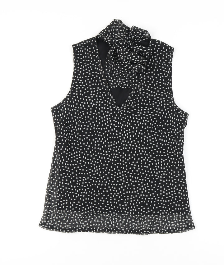 New Look Women's Black Polka Dot Bow Neck Sleeveless Blouse