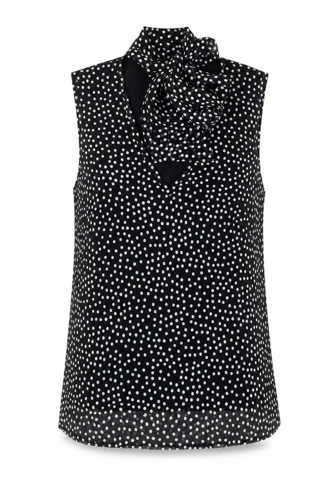 Front view of New Look Women's Black Polka Dot Bow Neck Sleeveless Blouse