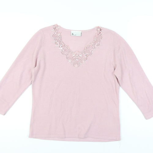 Bhs Women's Pink Pullover Jumper Size 14, V-Neck, 3/4 Sleeve