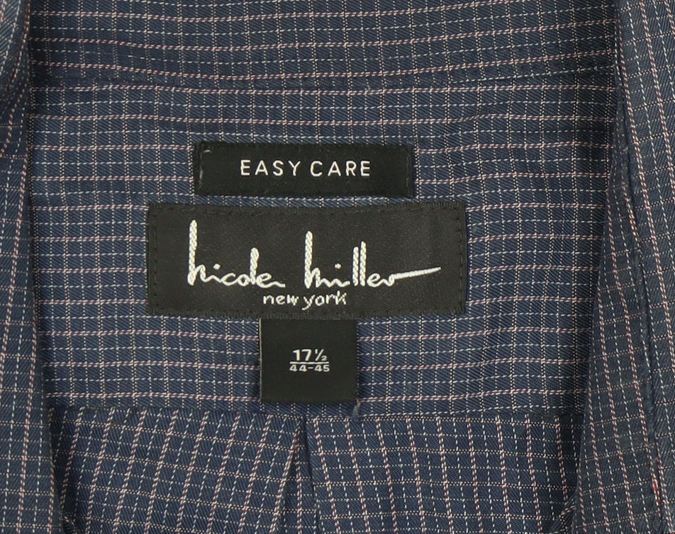 Nicole Miller Men's Blue Check Button-Up Shirt 17.5