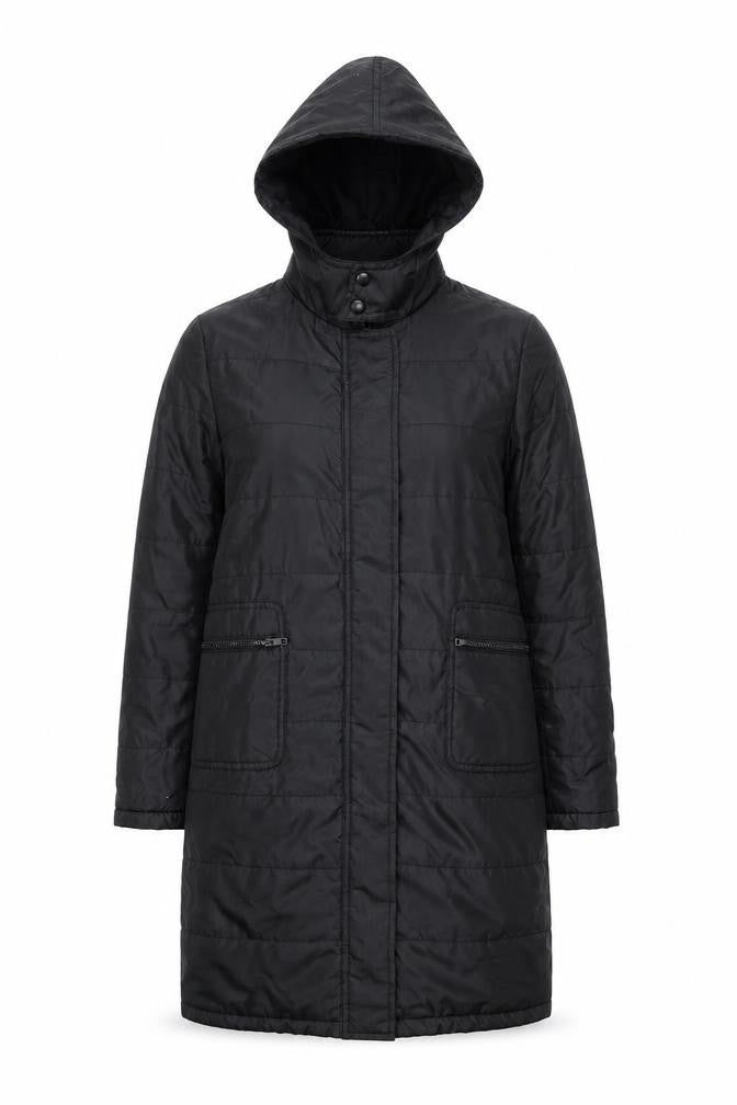 Front view of C Prêt-à-Porter Black Women's Parka Coat, size 2